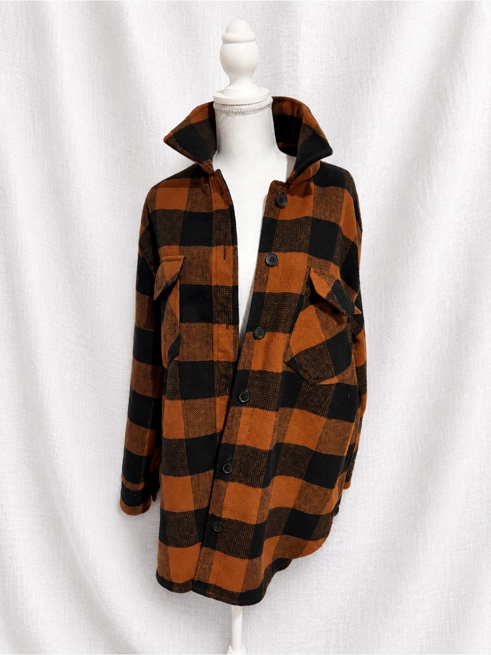 Men's Plaid Shirt Jacket in Orange and Black